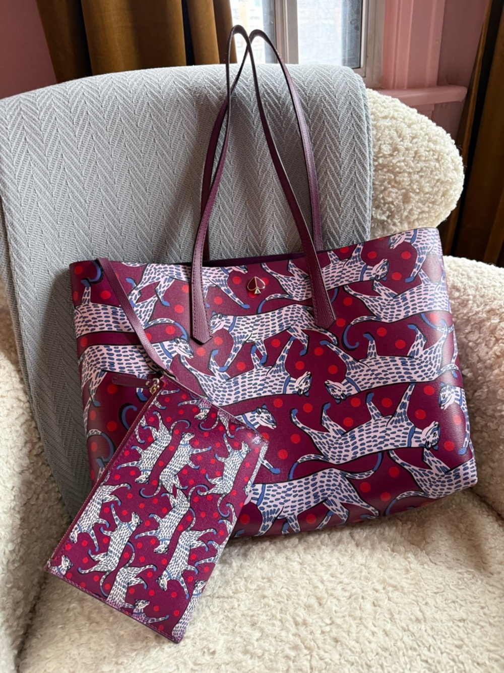 kate spade Burgundy Cat-Print Tote with Matching Pouch